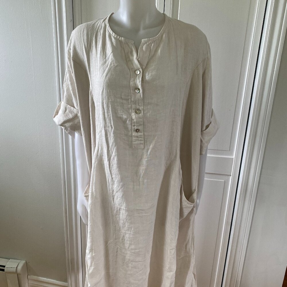 Women Beige Linen Dress with Pockets Made in Italy 100% cotton - Summer  Wear